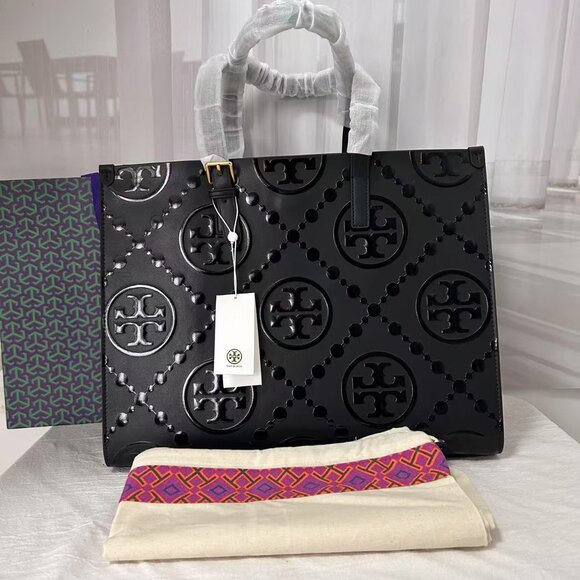 NEW Tory Burch T MONOGRAM EMBOSSED TOTE IN BLACK Authentic - Picture 1 of 10